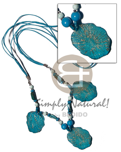 4 layers wax cord   2-3mm coco heishe, wood beads, shells nuggets, 40mmx35mm clam resin nugget   gold metallic dust / aqua blue tones / 30 in - Long Endless Necklace
