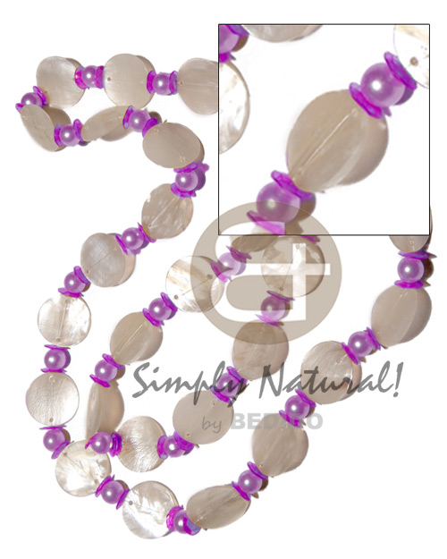 27 pcs. single row 25mm nat. white round hammershells  lilac tones pearl beads and sequins accent / 38in - Long Endless Necklace