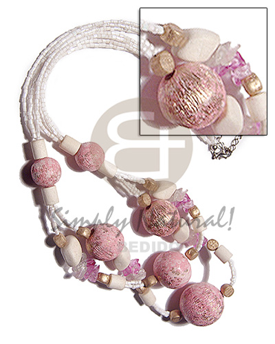 3 layers white cut glass beads  25mm/20mm/15mm wood beads in textured brush paint pink/metallic gold combination / 24in - Long Endless Necklace