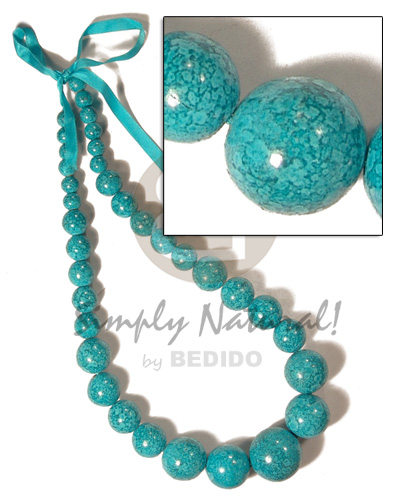 35 pcs. of  round wood beads graduated sizes- 30mm/25mm/20mm/15mm/10mm in high gloss polished paint in ribbon / in marbleized aqua blue-green tones - Long Endless Necklace