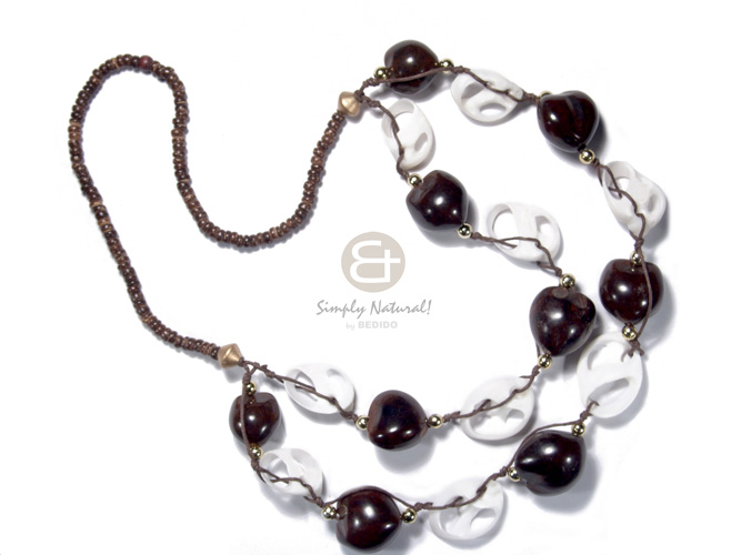 4-5mm coco nat. brown   2 graduated rows of kukui nuts and  sliced vertagus shell in wax cord  gold accent / 24in/28in - Long Endless Necklace