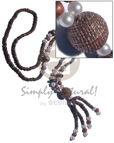 4-5mm coco Pokalet nat brown  8mm /12mm round wood beads, pearls beads accent  tassled wrapped 20mm wood beads / 32in plus 3.5in tassles - Long Endless Necklace