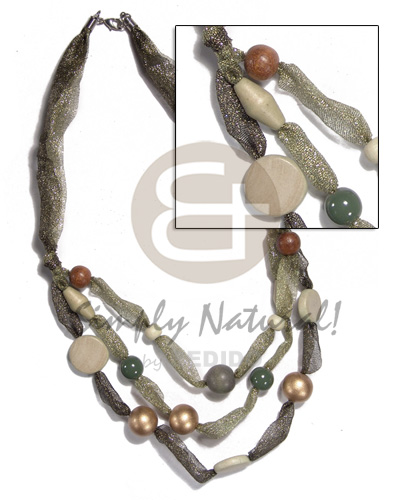 asstd. wood beads in multi layered glittery organza ribbon/ olive and gold tones / 18"/20"/22" - Long Endless Necklace