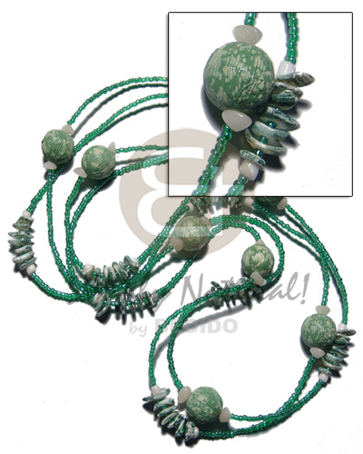 single layer textured painted wood beads  matching splashing white rose shells and glass beads / green tones / 60 in - Long Endless Necklace