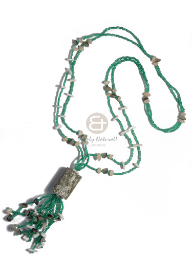 2 layers green glass beads  white rose, buri nuggets combination and tassled 30mmx20mm cylinder texture painted and marbled wood / 26in plus 2.5in tassles - Long Endless Necklace