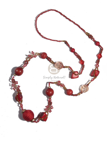 asstd red glass beads  gold cut beads combination and deep red 20mm round and nuggets wood beads  crystal accent  gold 4-5mm coco Pokalet combination / 32in - Long Endless Necklace