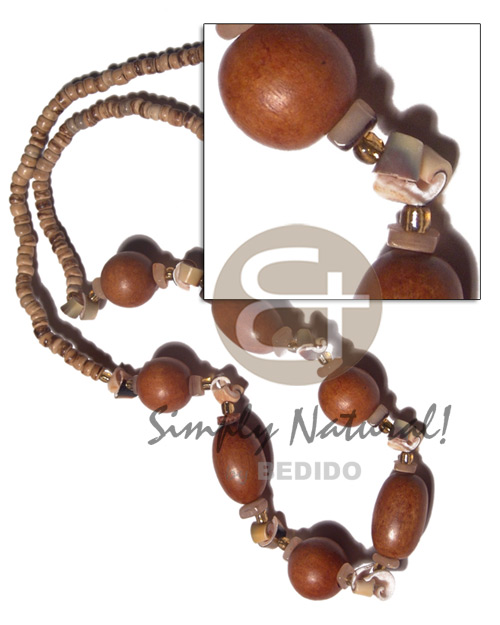 4-5mm nat. coco Pokalet tiger   chunky oval and round wood beads, everlasting luhuanus accent / 28in / barrel lock - Long Endless Necklace