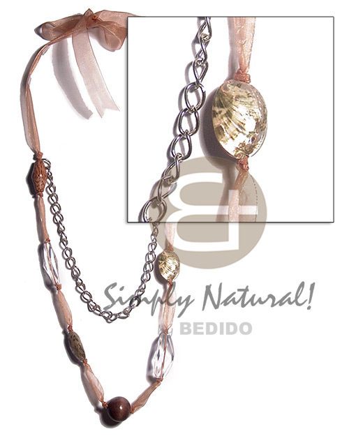 2 pcs. philippine abalone, 2pcs chunky wood beads, 1 pc brown kukui nut , 2 pcs clear acrylic crystals combination in organza adjustable ribbon  metal chain accent / 22in plus 30in extender ribbon - Long Endless Necklace