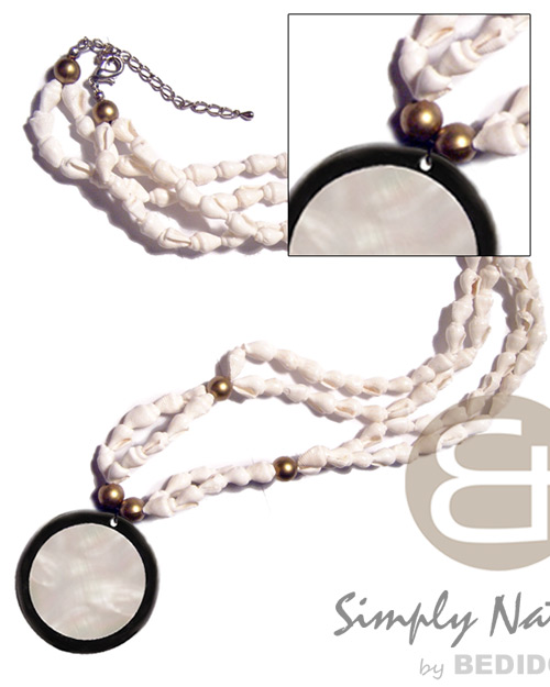 45mm round kabibe shell in black resin backing on 26in. double row white nassa shell neckline  gold wood beads accent /  ext. chain - Long Endless Necklace