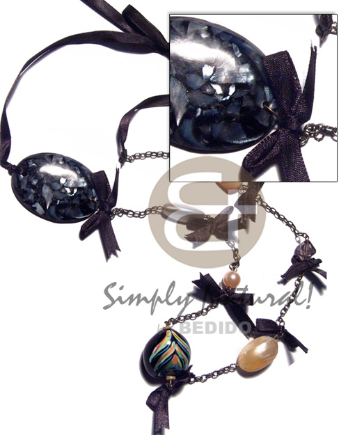 50x36mm hammershell chips in laminated black resin gold mouth shells, peacock kukui nuts, ressin nuggets combination in black adjustable ribbon  and antique chain metal / 22in plus 28in extender ribbon - Long Endless Necklace