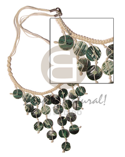 macrame cleopatra  10mm round green shells - Macrame Necklace