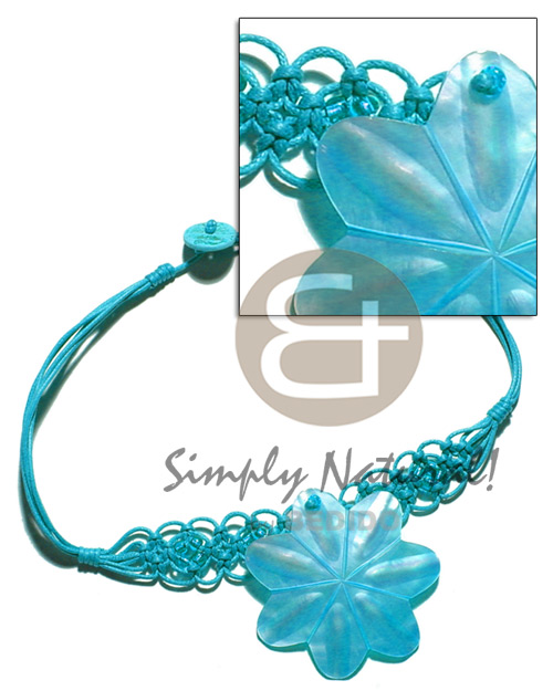 aqua blue wax cord macrame choker  40mm hammershell flower - Macrame Necklace