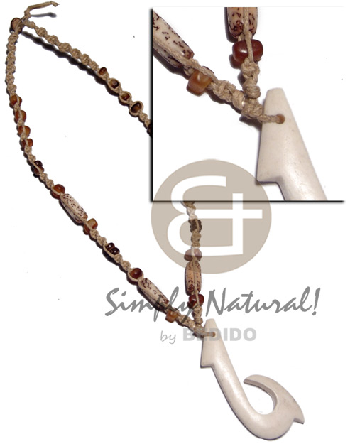 60mmx25mm carabao white bone hook pendant in macrame  amber horn nuggets accent - Macrame Necklace