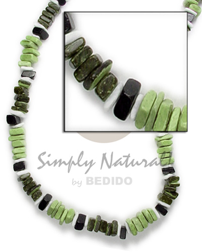 coco square cut bleach and nat. brown in green tones  white rose shell - Mens Necklace