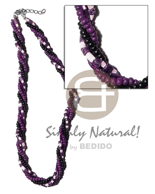 twisted 4 rows-2-3mm coco heishe violet/bleach whiten/2-3mm coco Pokalet. violet/black & glass beads - Mens Necklace