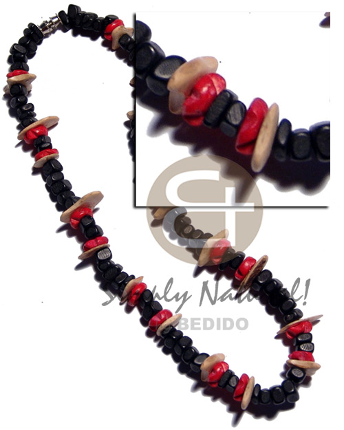 8mm black coco sq. cut  red 10mm coco flower and nat. coco chips combination. - Mens Necklace