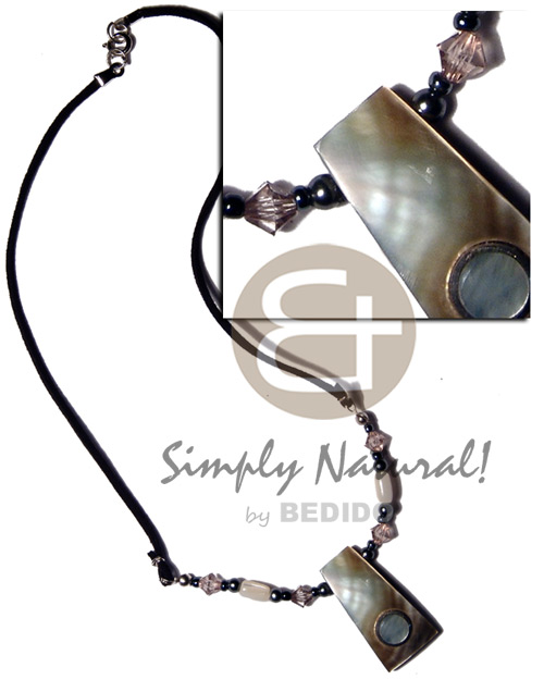 32mmx18mm blacklip shell  inlaid metal and resin backing in wax cord and troca shell accenti - Mens Necklace