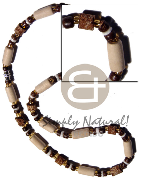 nat. white wood tube  mahogany,4-5mm coco Pokalet. nat brown and white clam combination - Mens Necklace