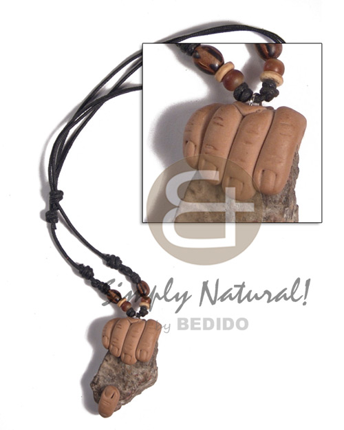 adjustable wax cord  clay hand holding rough stone nugget - Mens Necklace