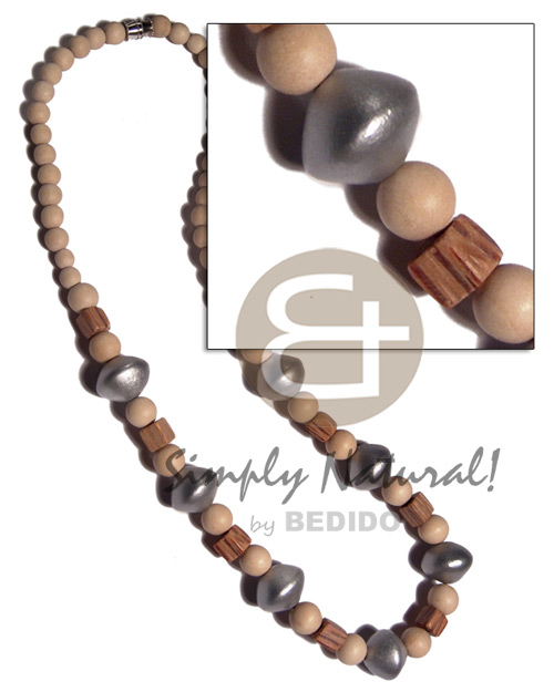 6mm round nat. wood beads palwood cubes and 12mmsaucer wood bead in silver color combination /16in /barrel lock - Mens Necklace