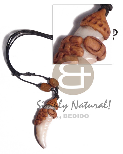 50mm  cowrie tiger shell fang  clay fingers  / adjustable black wax cord /tribal clay series - Mens Necklace