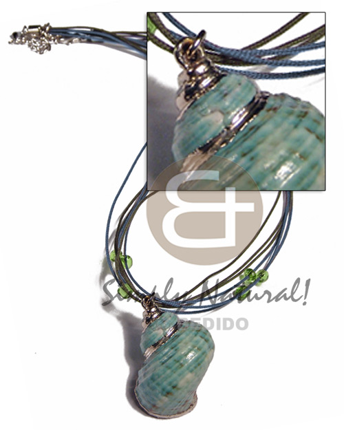 6 rows cell string blue gray/olive green combination  glass beads accent and green turbo shell pendant (approx.  35mm - varying natural sizes ) molten silver metal series /  attached jump rings / electroplated / st-11 / 16in - Molten Metal Necklace