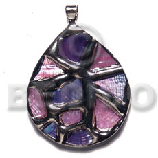 teardrop 50mmx42mm glistening abalone in pastel / molten silver metal series /  attached 5mm bell ring / electroplated - Molten Metal Pendants