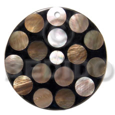 flat 70mm black round resin laminated 13mm brownlip circles - Mosaic Pendants