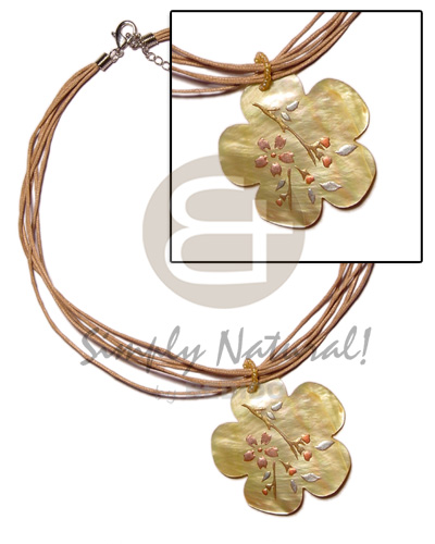 6 layer mocca wax cord  matching 40mm handpainted flower MOP pendant - Multi Row Necklace