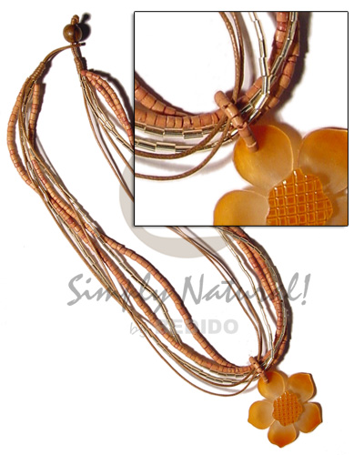 2 layers gold cutbeads, 2 layers 2-3mm tan coco heishe, 2 layers tan wax cord  hammershell graduated orange 45mm flower  grooved nectar - Multi Row Necklace