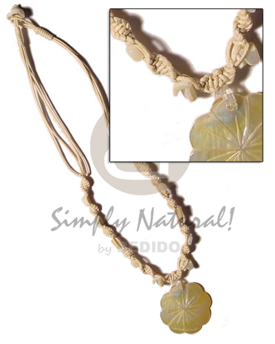 4 layer knotted wax cord  shell accent & 40mm flower MOP pendant - Multi Row Necklace