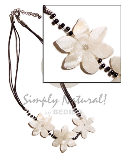 3 flower 30mm kabibe shells in 2 layer wax cord  glass beads accent - Multi Row Necklace