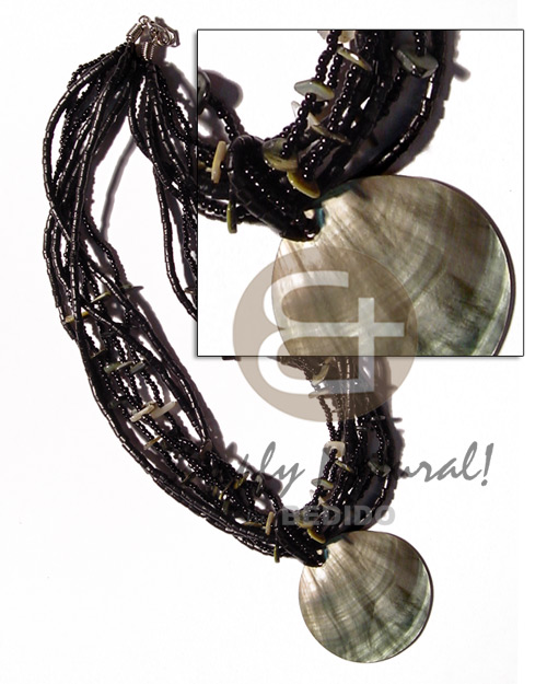 6 layers black glass beads & coco 2-3mm heishe  shell chips & blacklip 50mm round pendant - Multi Row Necklace