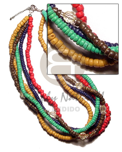 5 layers 4-5mm coco Pokalet. red/navy blue/mustard/light green/nat. brown combination - Multi Row Necklace