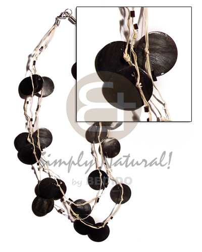 3 rows raffia in graduated length  21 pcs. round 18mm black tab and glass beads accent - Multi Row Necklace