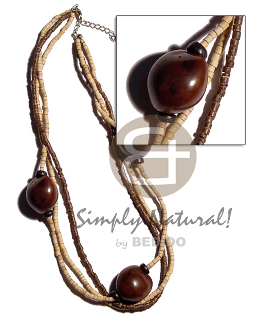 Brown kukui nuts in 3 Multi Row Necklace