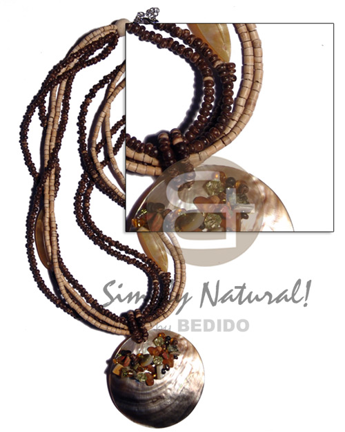 5 layers 2-3mm coco heishe nat./2-3mm coco Pokalet nat. brown combination  MOP accent & 60mm brownlip round pendant  nuggets accent on top / 20 in. - Multi Row Necklace