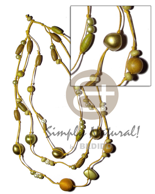 3 rows 16" 17" 18" wax cord  asstd. wood beads, pearl, wrapped wood bead, pearlized kukui nuts in yellogreen/gold tones - Multi Row Necklace