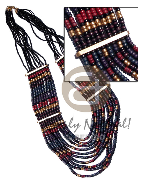10 rows 4-5mm coco Pokalet.  in graduated  flat layers   glass beads & wood combination / 38 in. - Multi Row Necklace