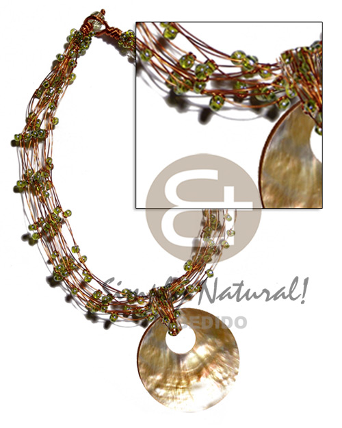 13 rows copper wire choker  green glass beads & 60mm round MOP shell pendant - Multi Row Necklace