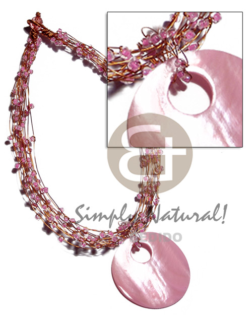 13 rows copper wire choker  pink glass beads & 60mm round kabibe shell in pink pendant - Multi Row Necklace