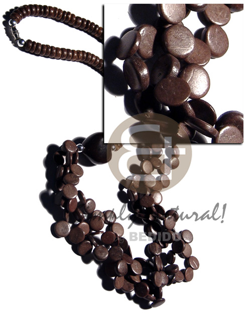 7-8mm coco Pokalet. nat. brown  3 graduated rows dyed in subdued brown 10mm coco sidedrill and brown kukui nuts accent / 26 in. - Multi Row Necklace