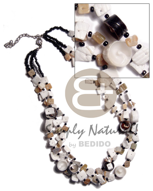3 rows floating white rose,vertagus  shells and glass beads combination - Multi Row Necklace
