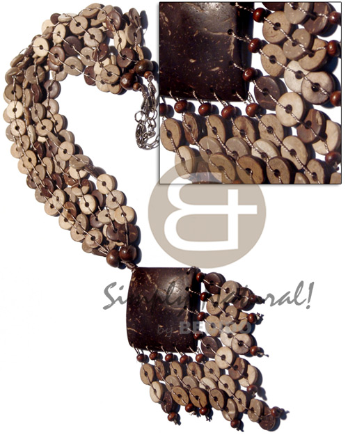 3 rows 10mm floating coco tiger rings  tassled 45mm diamond coco nat. brown pendant  dangling 10mm coco tiger rings / 20 in. plus 2in. tassles - Multi Row Necklace