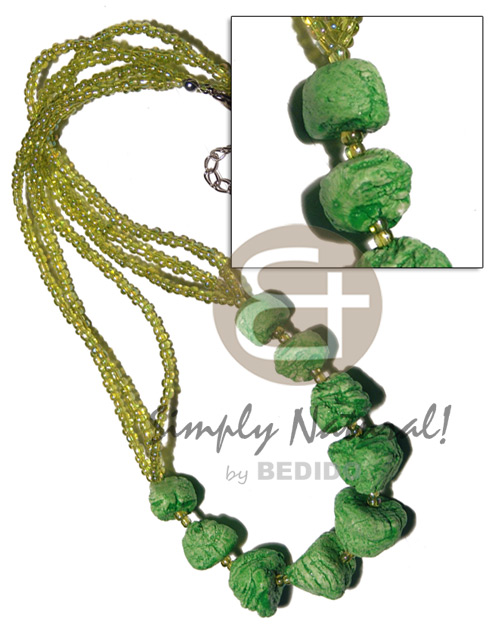 3 layers glass beads  stones  combination / lime green tones - Multi Row Necklace