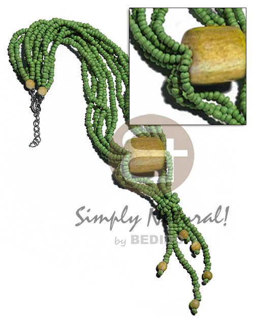 tassled 5 layers 2-3mm coco Pokalet   23mmx23mm cylinder nat. wood accent / green coco Pokalet and nangka wood combination / 16in plus 3.5in tassles - Multi Row Necklace