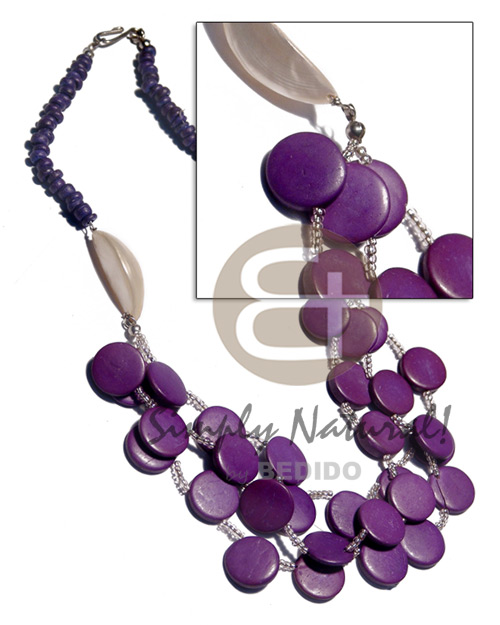 4-5mm violet coco Pokalet  3 rows of 15mm violet coco sidedrill , clear glass beads and troca garlic accent - Multi Row Necklace