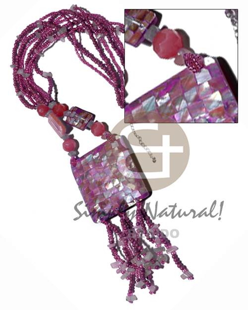 4 rows glass beads, 2-3mm coco Pokalet  stone nuggets, 2 pcs. rectangular 20mmx15mm hammershell blocking  tassled 55mm square hammershell blocking pendant / pink tones / 22in plus 2.5in tassles - Multi Row Necklace