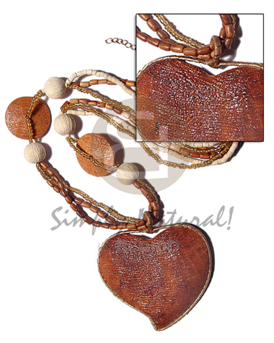3 rows 2-3mm bleach coco heishe/glass beads/bayong rice beads combination  15mm/30mm textured wood beads accent and matching textured heart bayong  gold nito pendant trimmings/holder / 28in - Multi Row Necklace