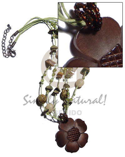 3 rows mint green wax cords  buri seeds and shells chips accent and 40mm brown hammershell flower  groove nectar - Multi Row Necklace